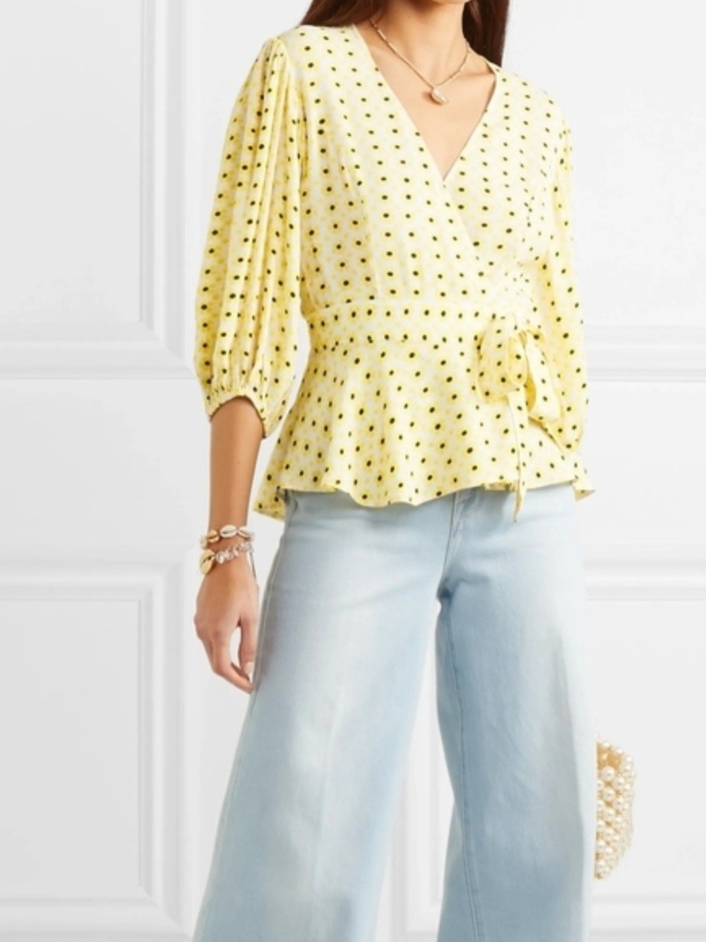 Ganni Yellow Polka-Dot Wrap Peplum Blouse